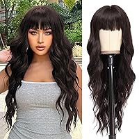NAYOO Long Dark Brown Wigs with Bangs for Women Curly Wavy Hair Wigs Heat Resistant Synthetic Fiber Wigs for Daily Party Use 26 Inches (Dark Brown)