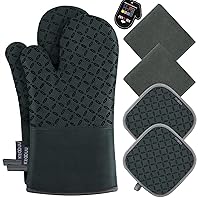 KEGOUU Oven Mitts and Pot Holders 6pcs Set, Kitchen Oven Glove High Heat Resistant 500 Degree Extra Long Oven Mitts and Potholder with Non-Slip Silicone Surface for Cooking (Deep Green)