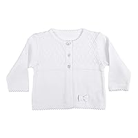 Girls White 100% Cotton Sweater with Diamond Knit Bodice and Rosebud Trim