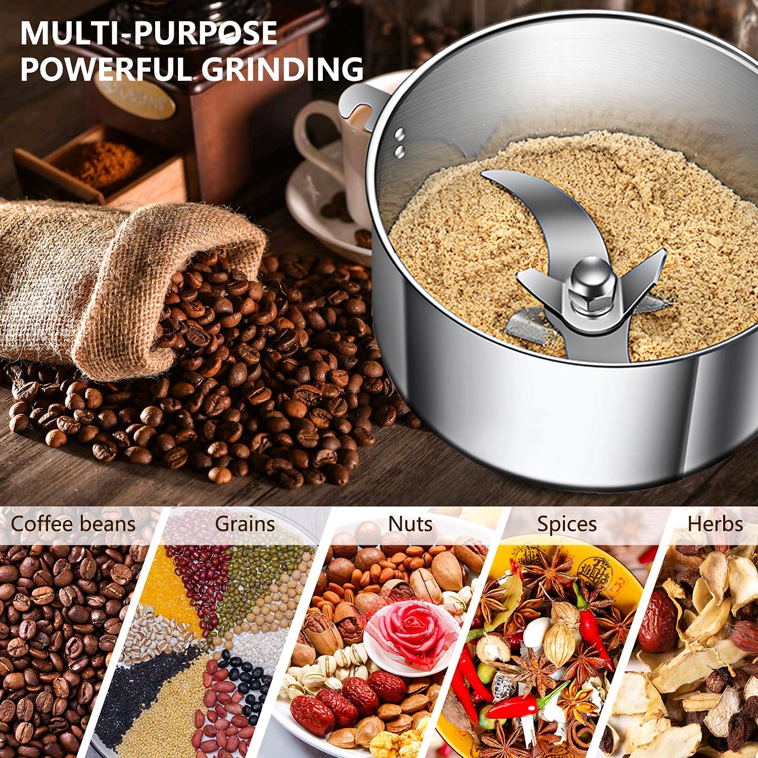 Grain Mill Grinder 750g High Speed Electric Stainless Steel Grinder Cereals Corn Flour Pulverizer Powder Machine for Dry Spice Herbs Grains Coffee Rice Pepper(750g Stand Type)