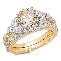 2.82 ct Round cut Solitaire 3 stone Genuine Champagne Simulated Diamond Engagement Bridal Ring Band Set 18K 2 tone Gold
