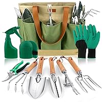 YAUNGEL Garden Tools Set, Gardening Tools Heavy Duty Stainless Steel Garden Supplies Hand Tools with Wooden Handle, Storage Tote Bag, Gardening Gifts for Women and Men, for Mom