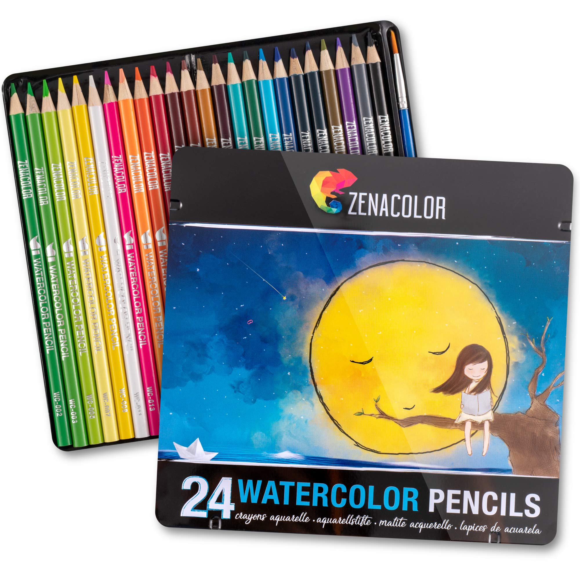 Zenacolor 72 Watercolor Pencils Professional, Numbered, with A Brush and Metal Box - 72 Water Color Pencils for Adults and Adult