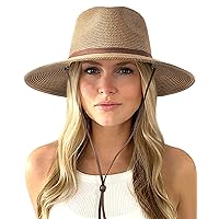FURTALK Womens Summer Straw Sun Hats Wide Brim Panama Fedora Beach Hat with Wind Lanyard UPF 50+