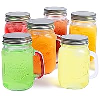Estilo Mason Jar, 16 oz, Set of 6, Glass Drinking Cups with Handles, Tin Lids, Overnight Oats Jars, Smoothie Cups