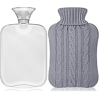 Hot Water Bottle with Cover Knitted, Transparent Hot Water Bag 2 Liter - White (Grey)