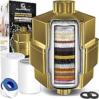 20 Stage Shower Filter for Hard Water - High Output Universal Shower Head Filter for Chlorine, Fluoride, Heavy Metals - Vitamin C E Shower Water Filter for Hair and Skin (Golden)