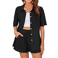 Blooming Jelly Womens 2 Piece Linen Sets Botton Down Shirt Drawstring Shorts Summer Beach Vacation Outfits Lounge Set
