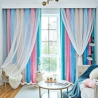 Loyala Star Curtains Blackout Curtains for Bedroom Cute Curtains Kids Curtains Rainbow Curtains, Curtains 96 Inches Long 2 Panels, Beige & Blue & Pink Curtains, 42 X 96 Inches