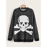 Women's Sweater 2022 Grunge Skull Pattern Contrast Trim Drop Shoulder Sweater Women's Clothing (Color : Black, Size : Small)