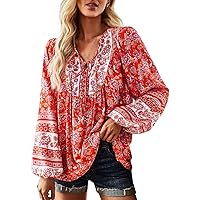 Floral V Neck Tie Front Blouses for Womens Long Sleeve Tops Shirts Ruffle Casual Boho Printed Fashion Flowy