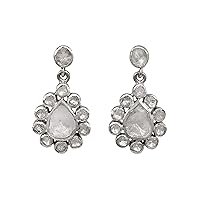 2.90 CTW Natural Diamond Polki Flower Dangles 925 Sterling Silver Platinum Plated Everyday Slice Diamond Earrings