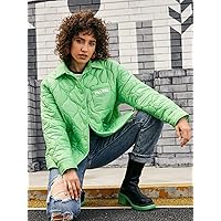 Winter Coats for Women- Letter Graphic Patched Pocket Drop Shoulder Quilted Coat (Color : Lime Green, Size : X-Small)
