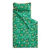 Wake In Cloud - Nap Mat with Removable Pillow for Kids Toddler Boys Girls Daycare Preschool Kindergarten Sleeping Bag, Foxes Rabbits Animals in Green Forest, 100% Soft Microfiber