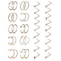 20G 38Pcs Stainless Steel L Bone Screw Shaped Nose Studs Nose Rings CZ Hoop Tragus Cartilage Nose Ring Labret Nose Piercing Jewelry for Men Women Rose Gold Tone