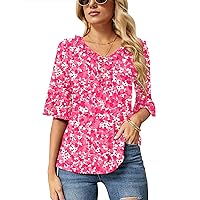 Ivicoer Women's Casual V Neck T Shirts Loose Summer 3/4 Bell Sleeve/Puff Long Sleeve Tops Ruffle Tunic Blouses