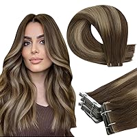 Full Shine Hair Extensions Tape in Balayage 4 Medium Brown Fading to 27 Honey Blonde And 4 Injection Invisible Tape in Extensions Human Hair 20Inch Straight Hair 20Gram 10Pcs