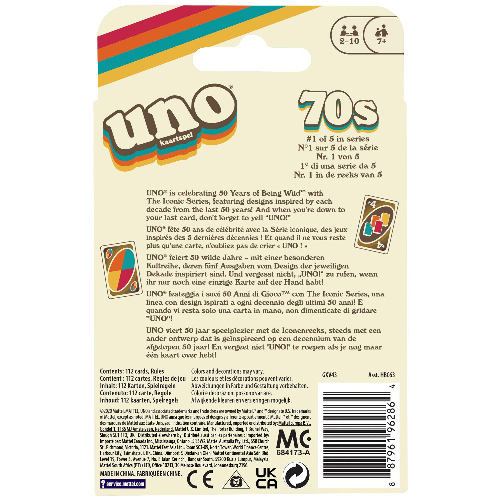 Mattel Games UNO Iconic Series 1970s Matching Card Game Featuring Decade-Themed Design, 112 Cards for Collectors, Teen & Adult Game Night, Ages 7 Years & Older.