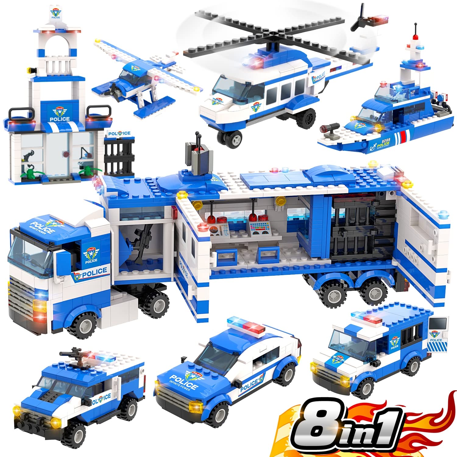 1039 Pieces City Police Station Building Set, 8 in 1 Mobile Command Center Building Toy with Cop Car, Helicopter, Boat, Best Learning Roleplay STEM Toy Gifts for Boys and Girls Age 6-12