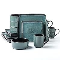 FLACKAR Square Stoneware Dinnerware Set for 4, Dinner Plates, Side Plates, Cereal Bowls, Mugs - Reactive Glaze Turquoise (497248), 16 Count (Pack of 1)