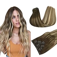 Clip in Hair Extensions Real Human Hair, 7pcs 150g Balayage Walnut Brown to Ash Brown and Bleach Blonde 20 Inch, Seamless Hair Extensions Clip in Human Hair Natural Straight Hair Extensions