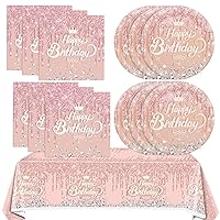 41Pcs Rose Gold Birthday Party Decorations Pink Rose Gold Theme Birthday Party Supplies Birthday Tableware Includes 20 Plates 20 Napkins and 1 Tablecloth for Girls Women