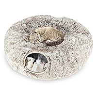 Plush Cat Tunnel Bed for Indoor Cats, Collapsible Cat Donut Tunnel with Central Mat, Fluffy Cat Cave Tube with Hanging Ball for Cat Kitten Rabbit Puppy Ferret, Coffee