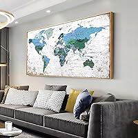 Framed Wall Art World Map Wall Art Canvas Picture 20inchx40inch Large Blue Map of The World Canvas Painting Artwork Prints for Office Wall Decor Home Living Room Decorations Framed Ready to Hang