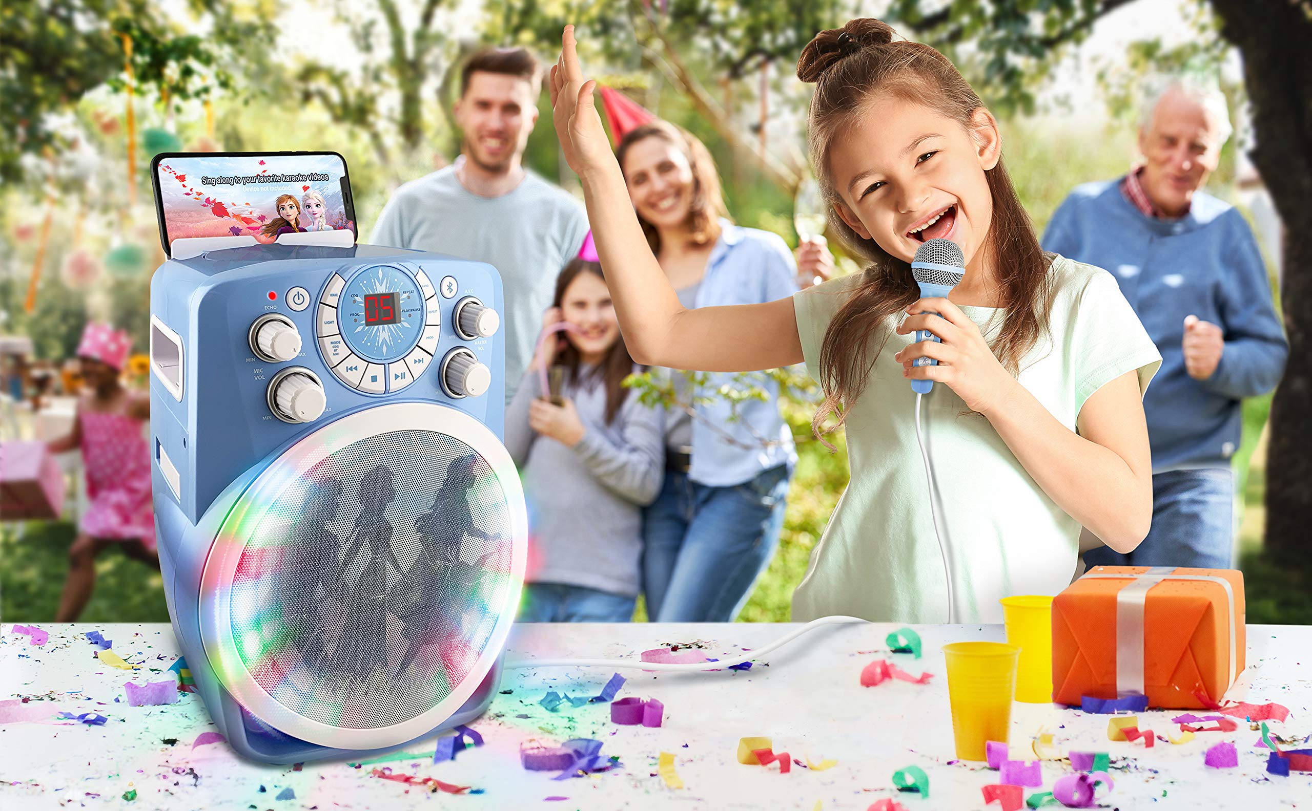 eKids Frozen 2 Bluetooth CDG Karaoke Machine with LED Disco Party Lights, Built in Microphone for Kids, Portable Bluetooth Speaker, Compatible with CDG Disks, MP3 & TV