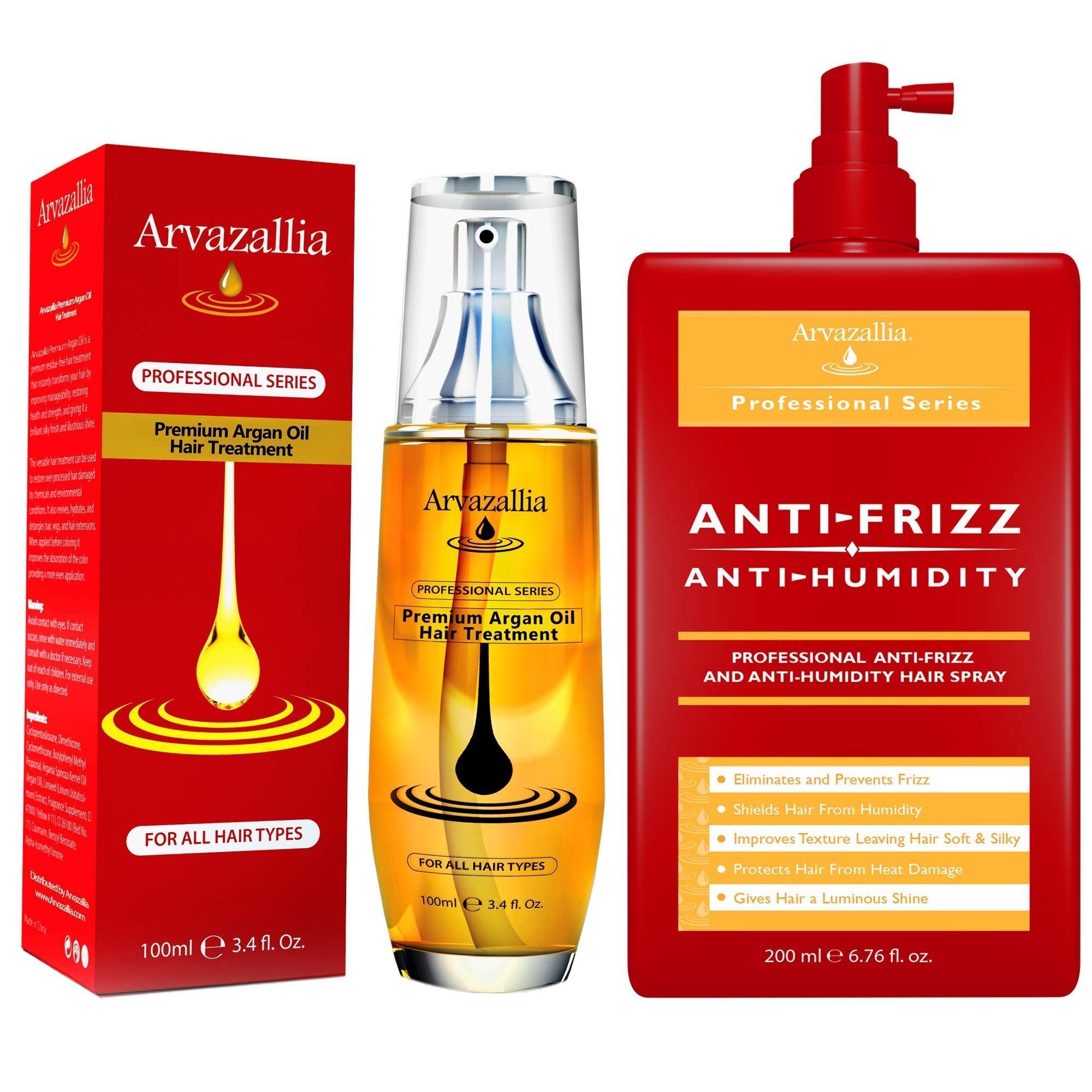 Premium Argan Oil Hair Treatment and Anti-Frizz & Anti-Humidity Hair Spray Bundle - For Gorgeous Soft, Silky, Shiny Hair that Lasts by Arvazallia