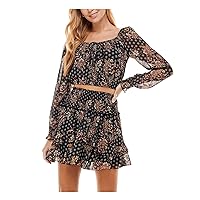 Womens Black Smocked Textured Sheer Tiered Ruffled Bow Detail Floral Long Sleeve Scoop Neck Short Fit + Flare Dress Juniors S