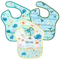 Bumkins Bibs for Girl or Boy, SuperBib Baby and Toddler 6-24 Months, Essential Must Have for Eating, Feeding, Baby Led Weaning Supplies, Mess Saving Catch Food, Waterproof Fabric 3-pk Blue Ocean Life