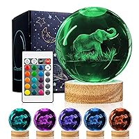 3D Elephant Crystal Ball Night Light with 16 Color Wooden Base, Upgraded 3.15 Inch Elephant Glass Ball Lamp with Remote for Birthday Holiday Xmas, Cool Elephant Toy Decor Gifts for Boys Girls Kids