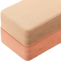 Peryiter 2 Pieces Muslin Crib Sheets for Baby Cotton Extra Soft and Breathable Fitted Baby Crib Sheet for Standard Crib Mattress Easy Washing, 28 x 52 x 9 Inch (Nude and Oatmeal Color)