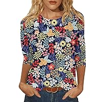 Womens 3/4 Length Sleeve Tops Sexy Round Neck Casual Floral Shirts Workout Summer Spring Tees Blouses