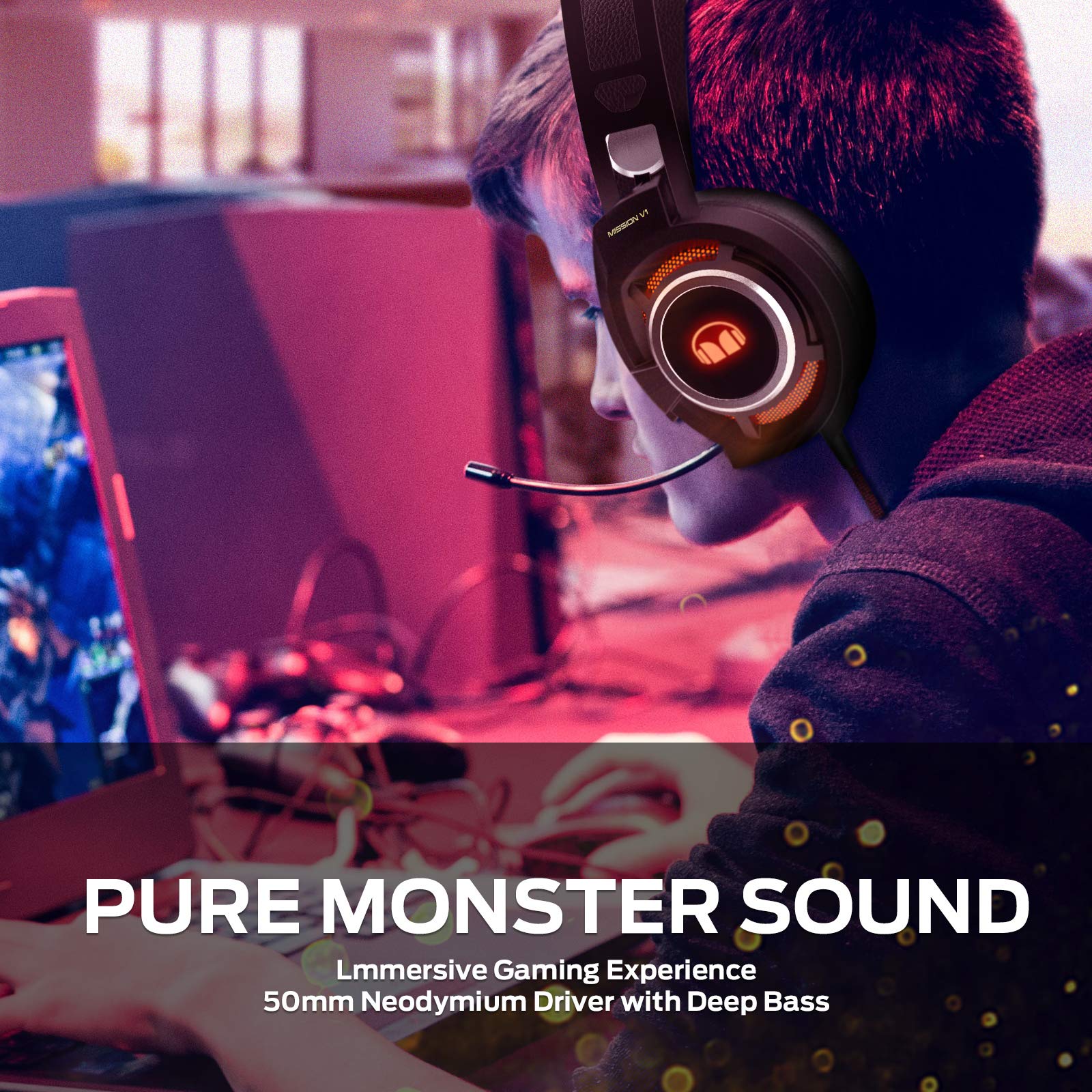Monster Mission V1 Gaming Headset, Over-Ear Gaming Headphone with Noise Cancelling Mic, Surround Sound Stereo, Adaptive Suspension Head Beam, Colorful RGB Light, Compatible with PC/Mac/PS4/Xbox One…