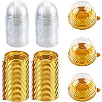100 PCS Clear Plastic Mini Cupcake Box Round Cupcake Mooncake Dessert Container Box Cookies Muffins Dome Box for Weddings Birthdays and Other Holiday Parties Gift Box (Gold)