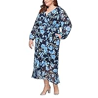S.L. Fashions Women's Plus Size Long Sleeve Tulip Overlay Skirt Maxi Dress with Surplice Neckline and Tie Belt