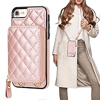 Bocasal Crossbody Wallet Case for iPhone SE 2022/SE 2020/8/7, RFID Blocking Leather Zipper Handbag Purse Flip Cover, Kickstand Folio Case with Card Slot Holder Wrist Strap Lanyard 4.7 Inch (Rose Gold)