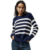 LilySilk 100% Cashmere Sweater for Women Classic Striped Pullover Top with Side Slits Relaxed Casual for Fall Winter