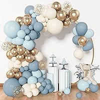 Amandir 153pcs Dusty Blue Balloon Garland Arch Kit, Different Sizes 18 12 10 5 inch Blue White Sand Latex Metallic Confetti Gold Balloons for Boys Birthday Boho Baby Shower Party Decoration Supplies
