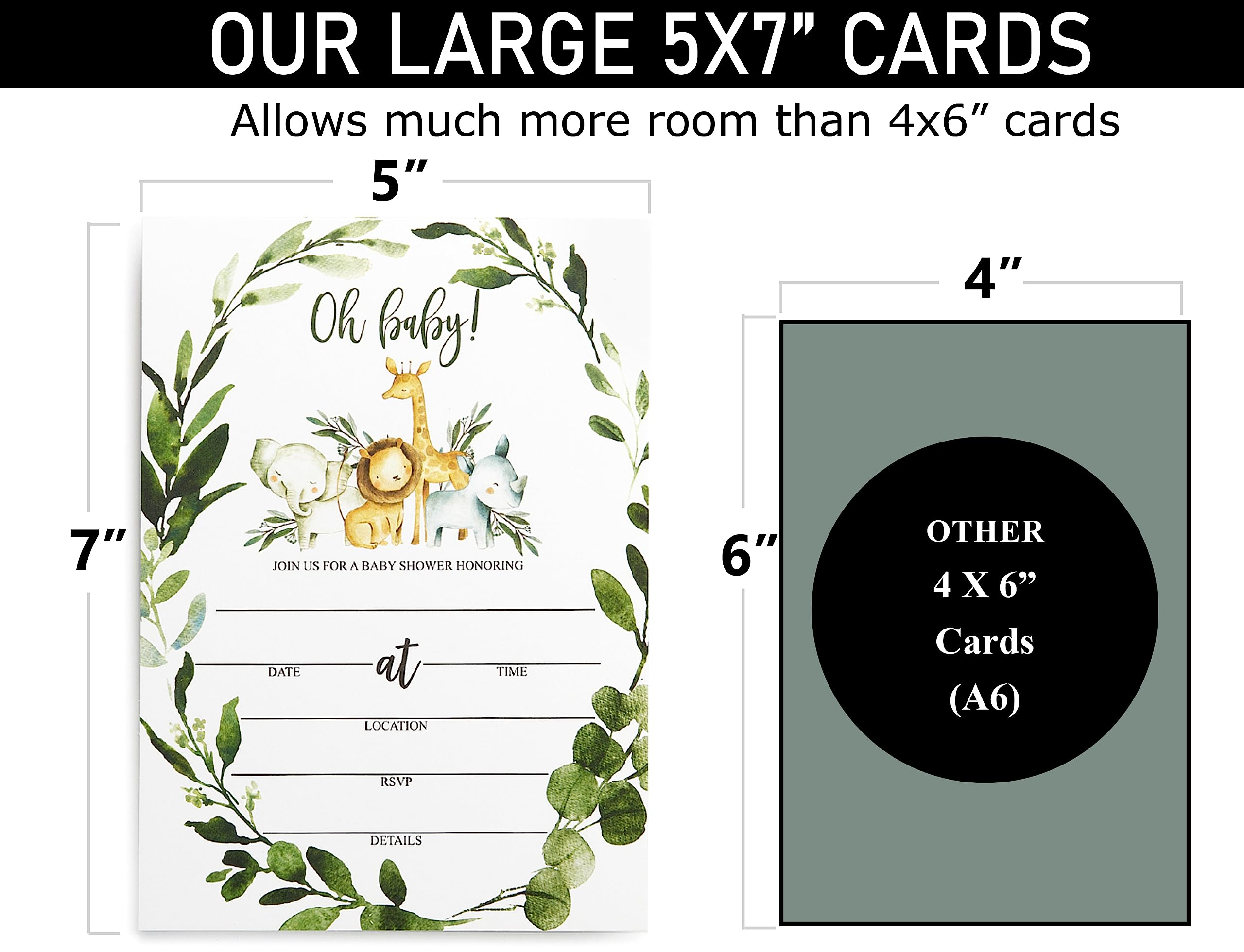 25 Boxed Wreath Safari Greenery Baby Shower Invitations (Large Size 5X7 inches), Diaper Raffle Tickets, Baby Shower Book Request Cards with Envelopes Jungle Animal Invites for Boy Neutral Baby Showers Oh Baby Sage