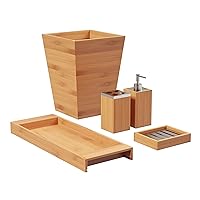 5-Piece Bathroom Decor Set - Bamboo Vanity Accessories with Trash Bin, Soap Dish, Soap Dispenser, Toothbrush Holder, and Tray by Lavish Home (Natural)