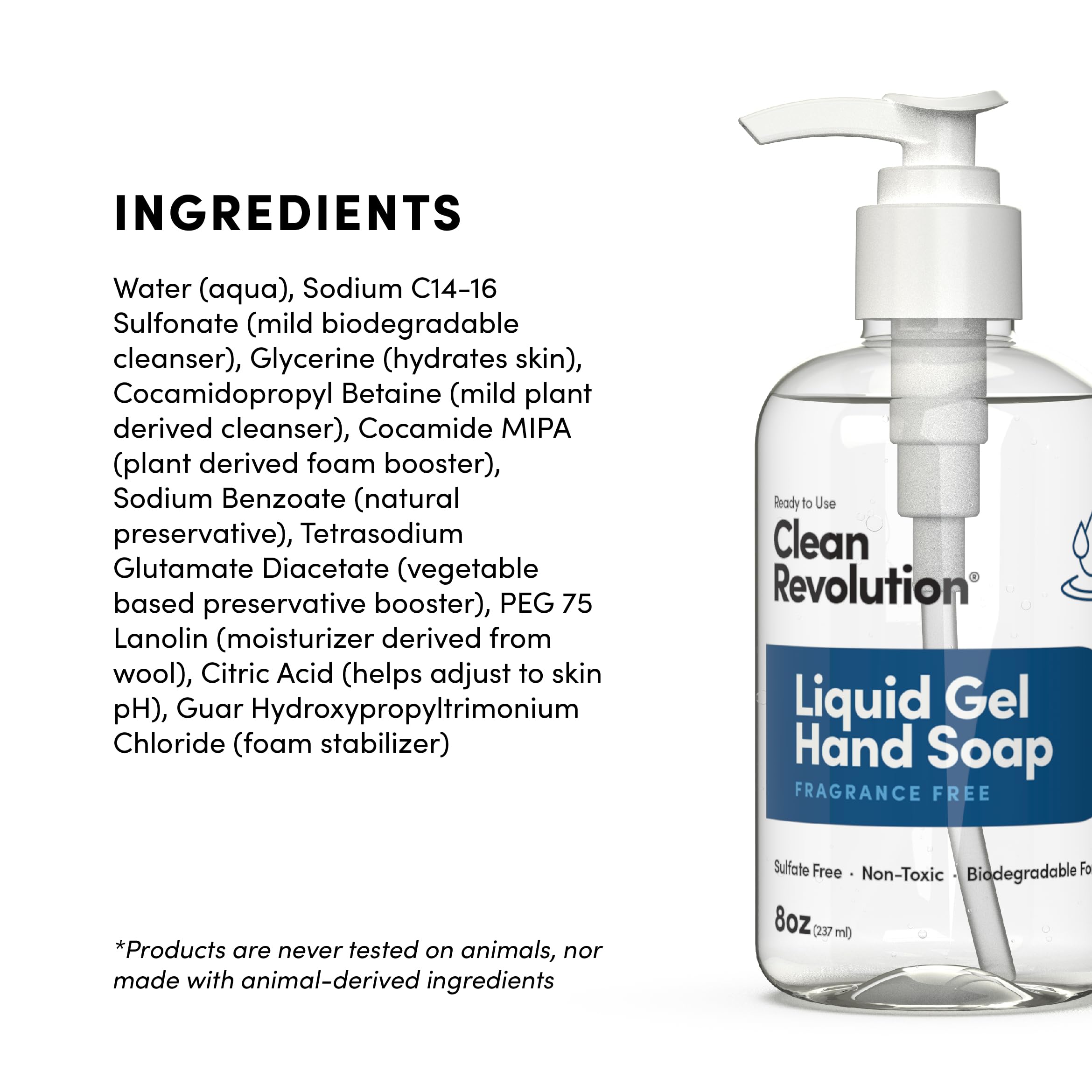 Clean Revolution Liquid Gel Hand Soap, Silky Rich Liquid, Quick Lather, Fast Rinsing (Fragrance Free) 8 Fl Oz