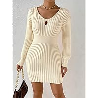Sweater Dress for Women Cut Out Eyelet Detail Sweater Dress Sweater Dress for Women (Color : Beige, Size : Small)