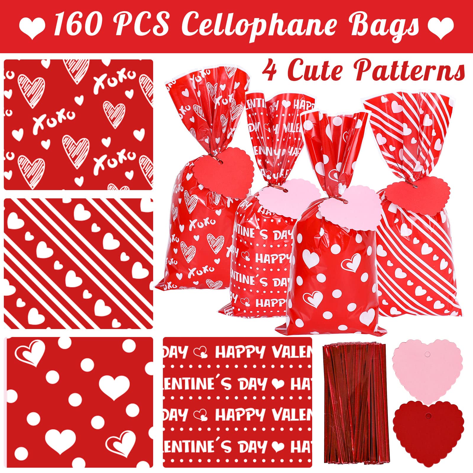 Whaline 160Pcs Valentine's Day Cellophane Bags with 40Pcs Gift Tags Red Heart Cello Bags with Red Twist Tie Sweet Goodie Candy Treat Bags Party Favor Bags for Wedding Anniversary Supplies