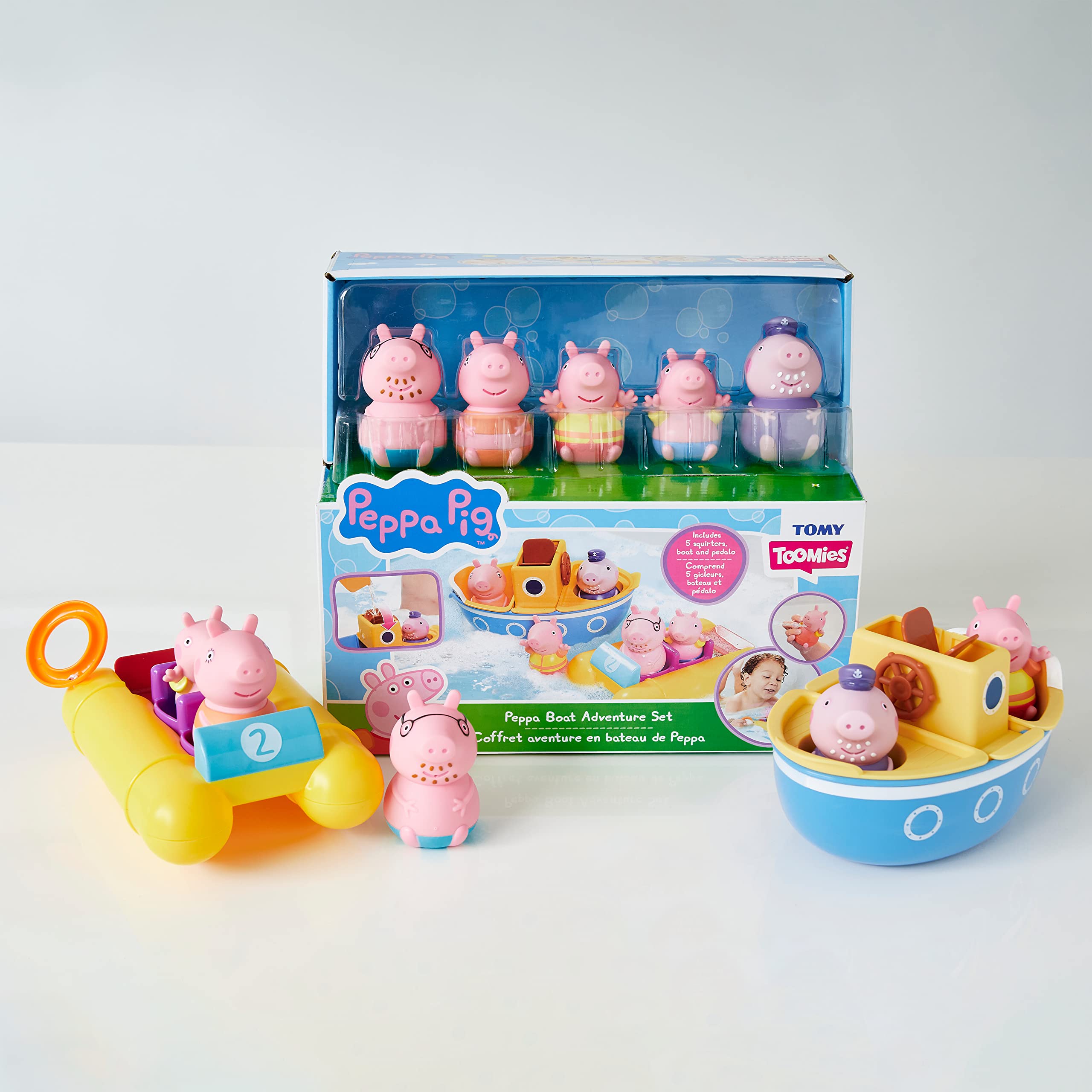 TOMY Toomies Peppa Pig Bath Toys — Peppa’s Boat Adventure Bath Toy Set — Includes Two Boats and 5 Peppa Pig Toy Figures — Baby and Toddler Bath Toys for 18 Months and Up