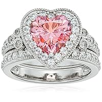 Amazon Collection Platinum-Plated Sterling Silver Infinite Elements Cubic Zirconia Fancy Pink Heart Antique Ring, Size 5