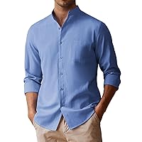 COOFANDY Men's Long Sleeve Oxford Shirt Band Collar Button Down Shirts Summer Beach Shirt