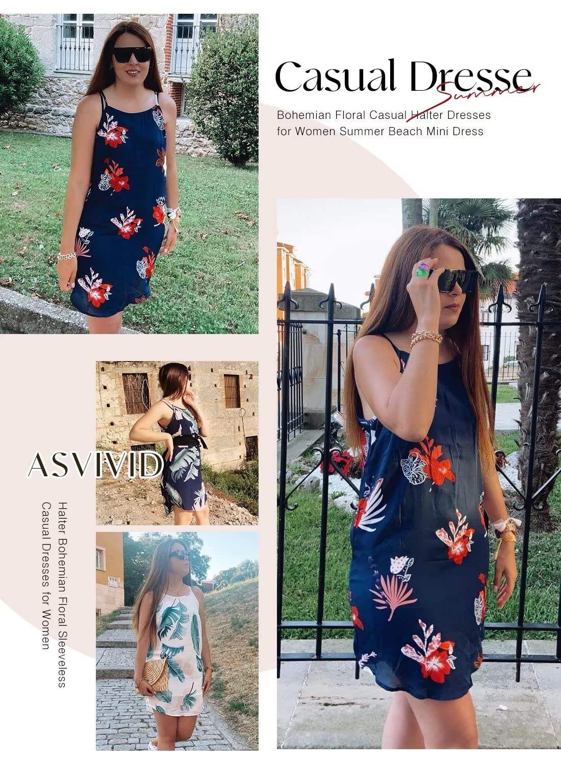 Asvivid Womens Halter Palm Leaf Floral Casual Dresses Summer Beach Dress Sleeveless Short Sundresses XS-XL